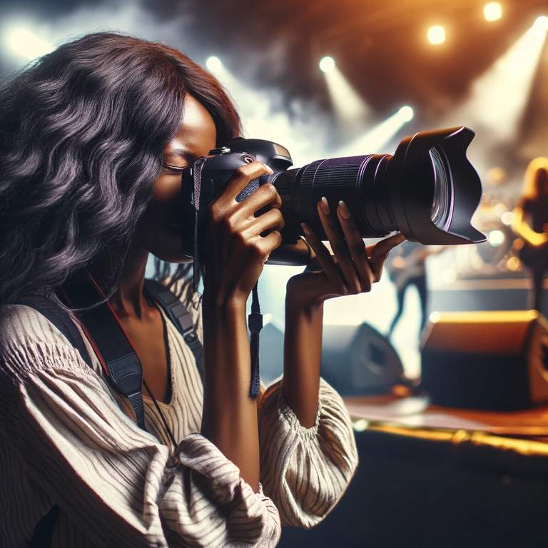Concert photographer A female photographer at a concert captures the live action on stage with a professional DSLR camera equipped with a large zoom lens.